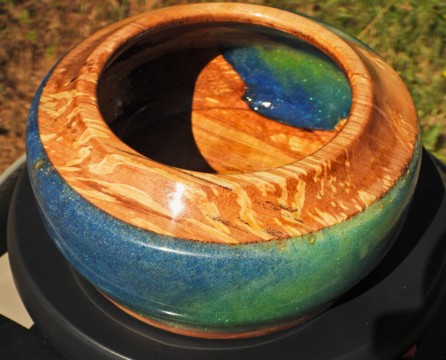 Alder and epoxy resin bowl in Seahawks football blue and green colors