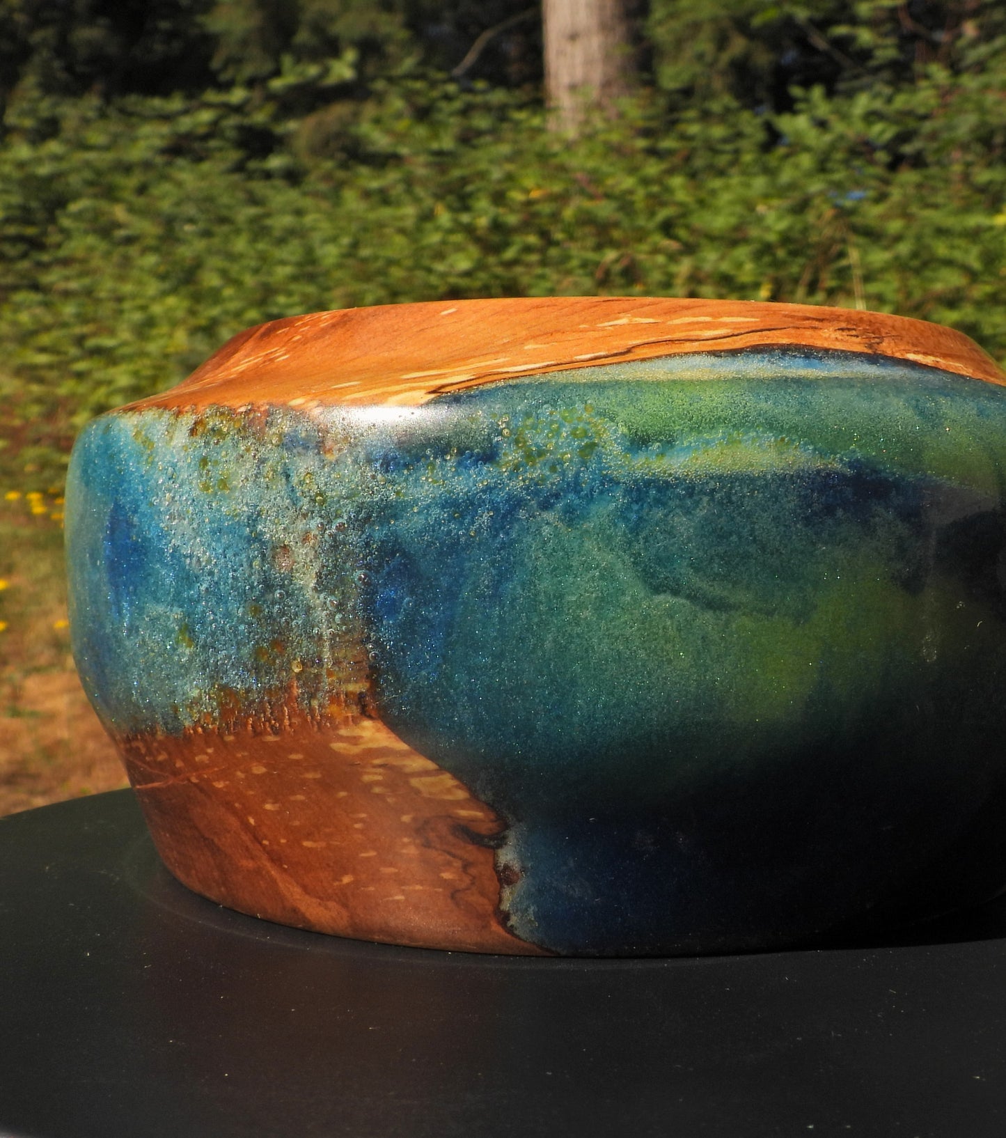 Multicolored Wood and epoxy resin bowl in Seahawks football blue and green colors