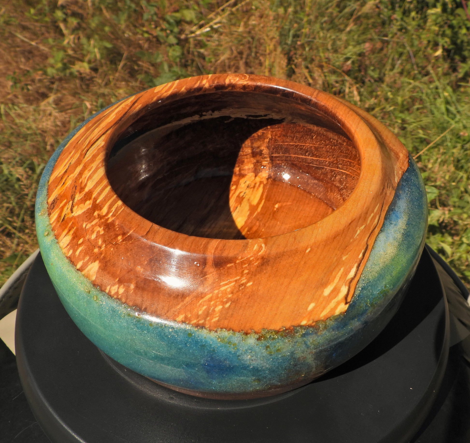 Wood and epoxy resin bowl in Seahawks football blue and green colors 